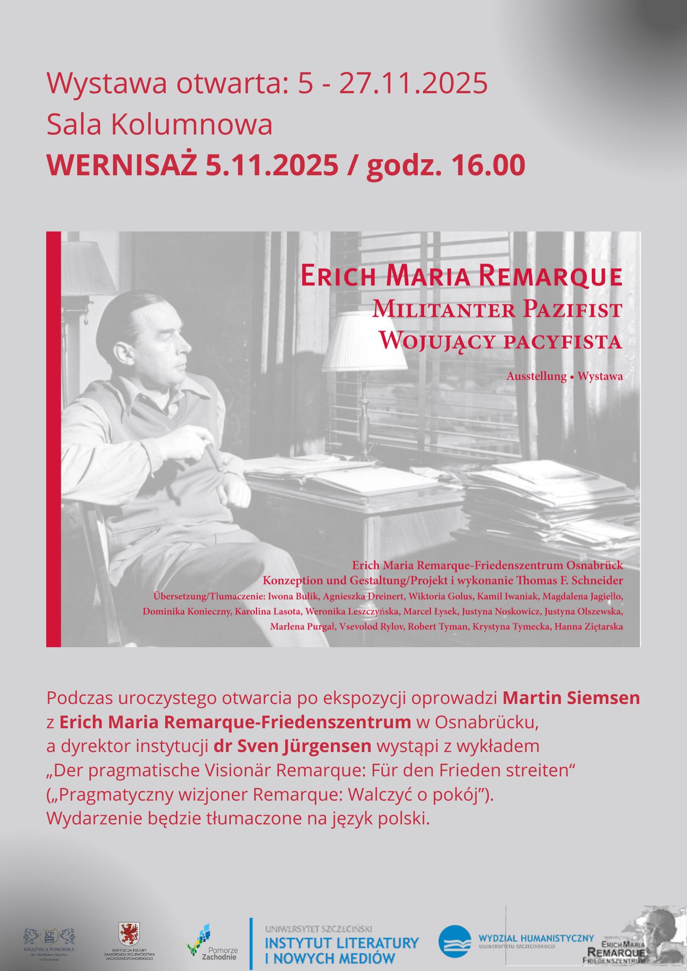 Wystawa „Erich Maria Remarque – wojujący pacyfista” 5-27 listopada 2025 r.