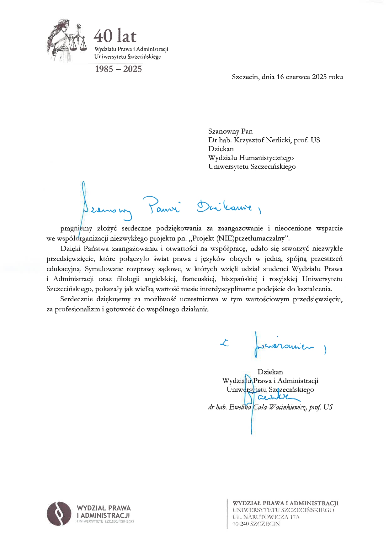 Podziękowania za zaangażowanie we współorganizację projektu Projekt (NIE)przetłumaczalny