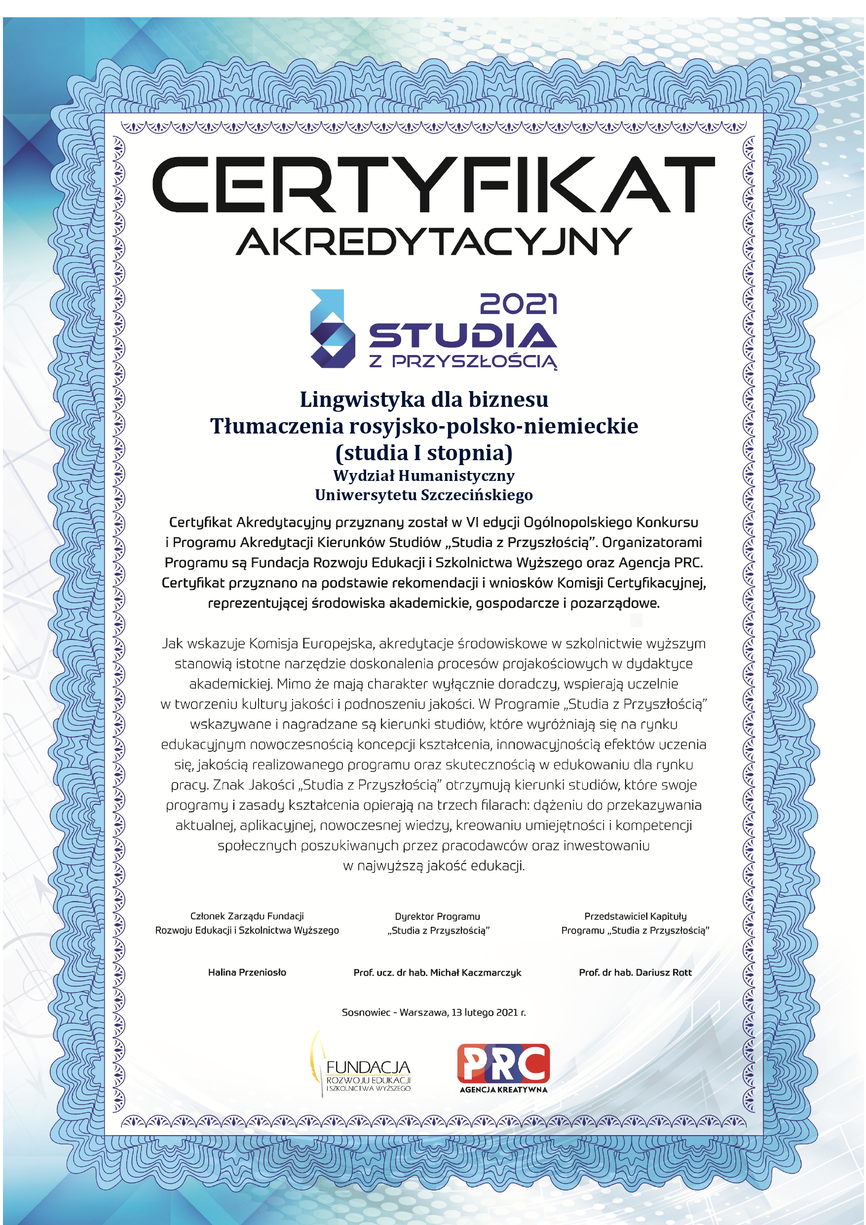 Certyfikat i Znak jakości Studia z Przyszłością dla lingwistyki dla biznesu