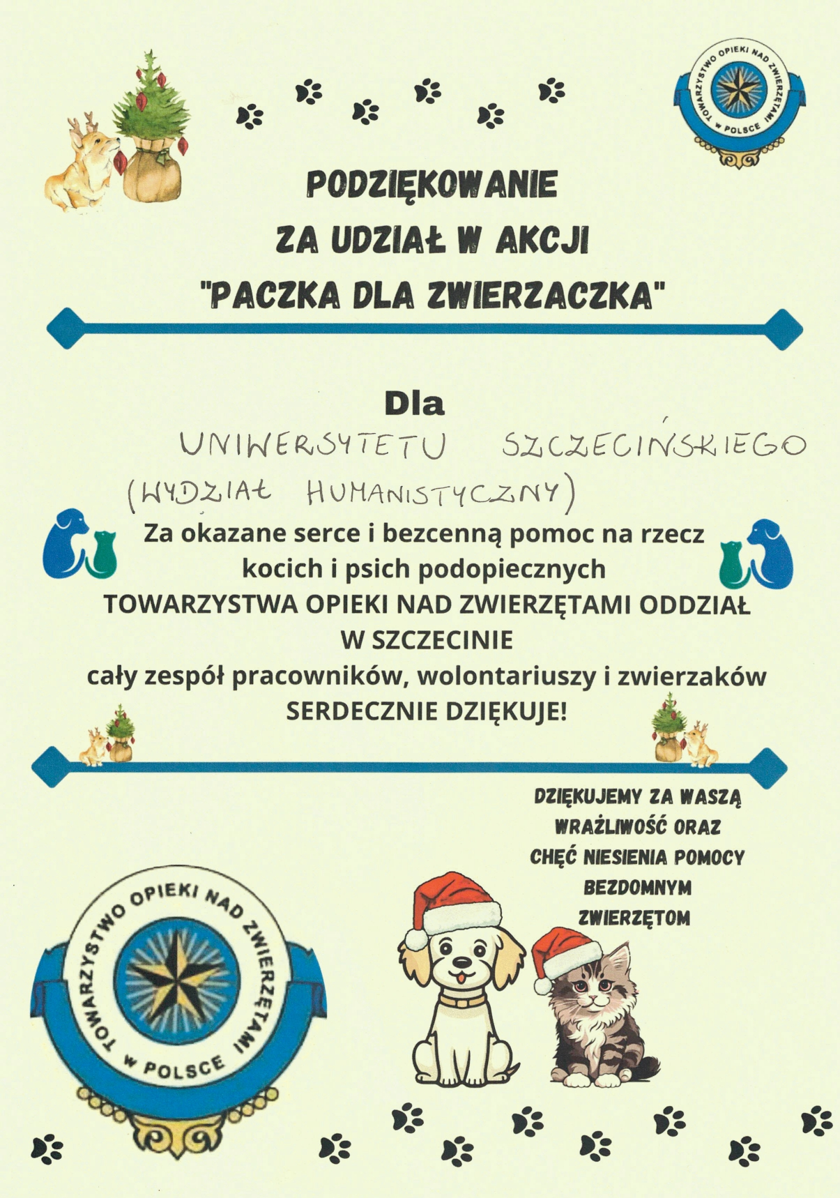 Paczka dla zwierzaczka – podziękowanie od Towarzystwa Opieki nad Zwierzętami